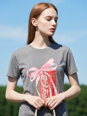 Coca Cola Gray Tee with Red Can and Pink Ribbon